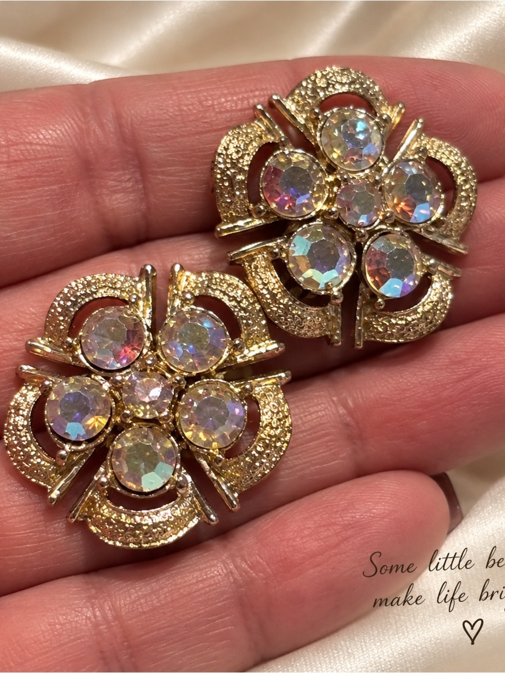 Vintage Coro AB Rhinestone Floral Clip-On Earrings Gold Tone